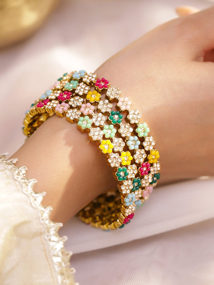 Rubans Set of 4 18K Gold-Plated Multicolor Bead & Stone-Studded Mini Floral Design Handcrafted Bangles Bangles & Bracelets
