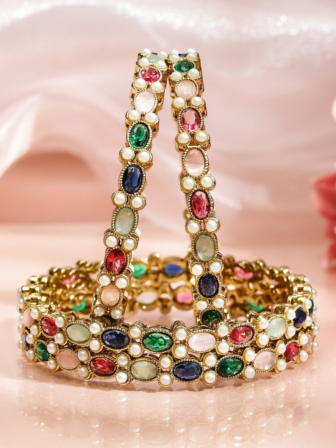 Rubans Set of 4 18K Gold-Plated Multicolor Zirconia & Pearl Beaded Designer Bangles Bangles & Bracelets