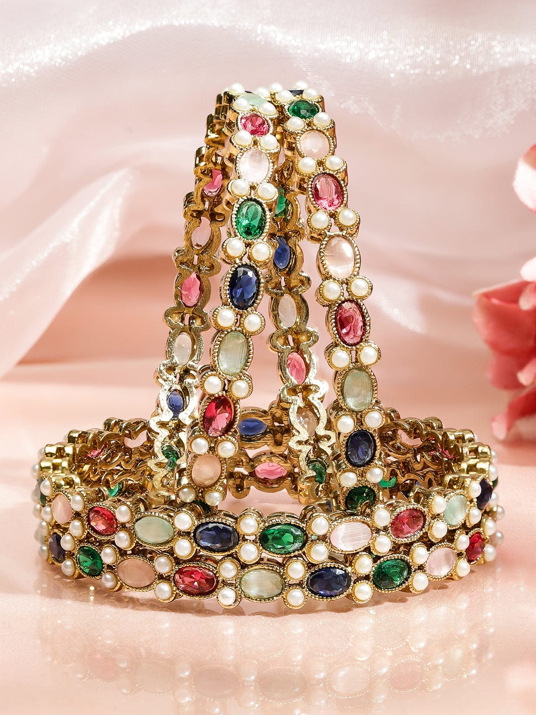 Rubans Set of 4 18K Gold-Plated Multicolor Zirconia & Pearl Beaded Designer Bangles Bangles & Bracelets