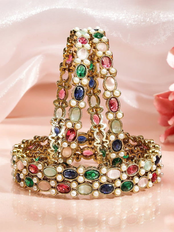 Rubans Set of 4 18K Gold-Plated Multicolor Zirconia & Pearl Beaded Designer Bangles Bangles & Bracelets