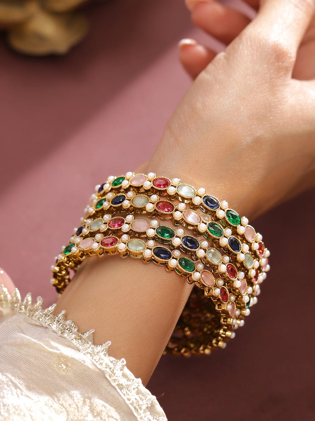 Rubans Set of 4 18K Gold-Plated Multicolor Zirconia & Pearl Beaded Designer Bangles Bangles & Bracelets