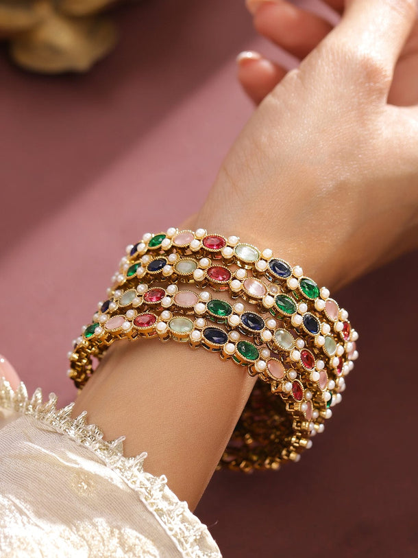 Rubans Set of 4 18K Gold-Plated Multicolor Zirconia & Pearl Beaded Designer Bangles Bangles & Bracelets