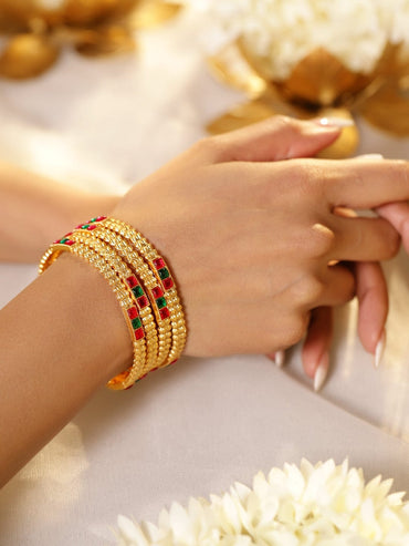 Rubans Set of 4, 18K Gold-Plated Ruby Pink & Emerald Green Stone Studed Traditional Bangle Bangles & Bracelets