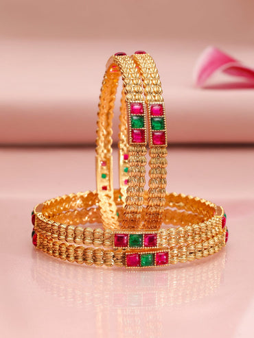 Rubans Set of 4, 18K Gold-Plated Ruby Pink & Emerald Green Stone Studed Traditional Bangle Wristwear