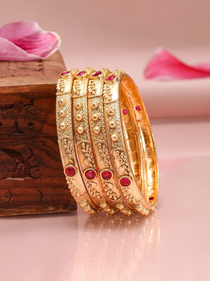 Rubans Set of 4 18K Gold-Plated Ruby Stone Studded Traditional Bangles Bangles & Bracelets