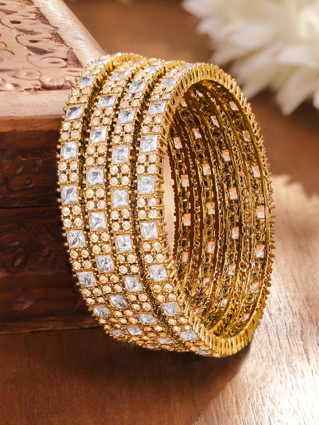 Rubans Set of 4 18K Gold-Plated White Cubic Zirconia Studded Handcrafted Bangles Bangles