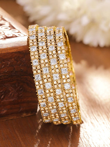 Rubans Set of 4 18K Gold-Plated White Cubic Zirconia Studded Handcrafted Bangles Bangles