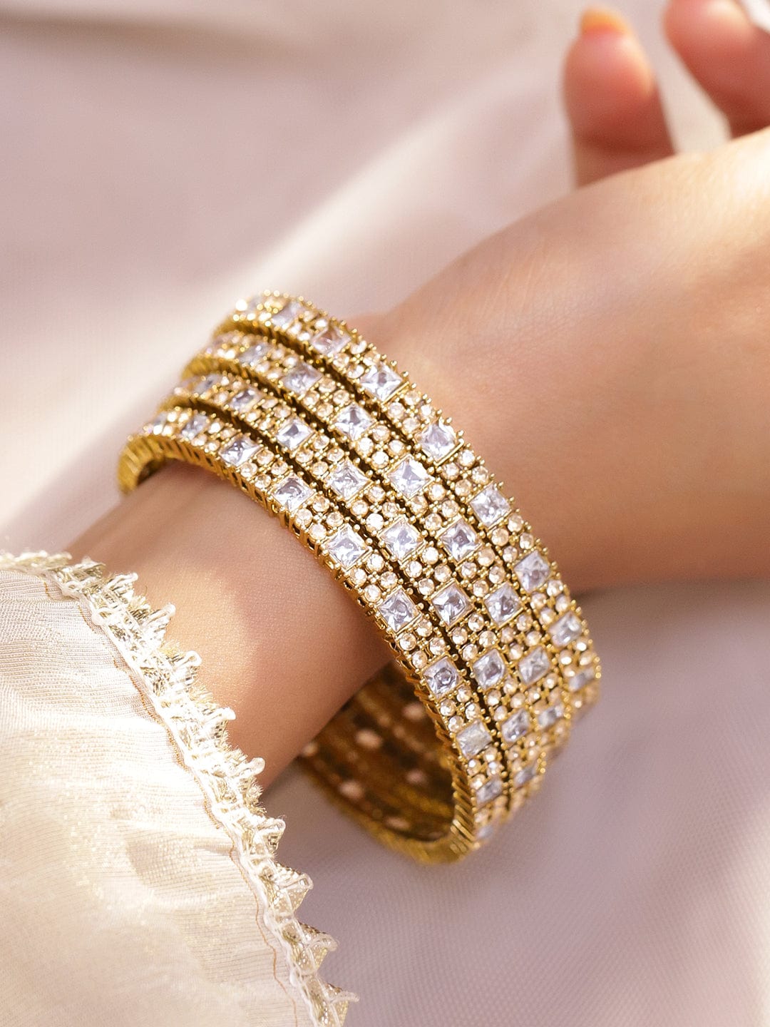 Rubans Set of 4 18K Gold-Plated White Cubic Zirconia Studded Handcrafted Bangles Bangles
