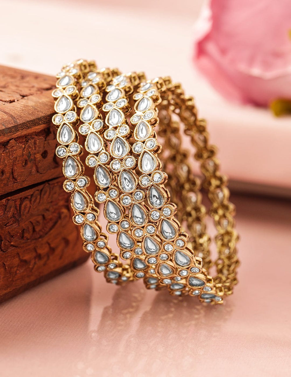 Rubans Set of 4 18K Mehandi Gold-Plated Kundan & Cubic Zirconia Studded Designer Bangles Bangles