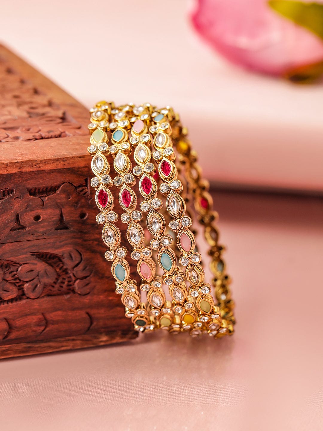 Rubans Set of 4 18K Mehandi Gold-Plated Multicolor Kundan & Gemstone Studded Bangles Bangles