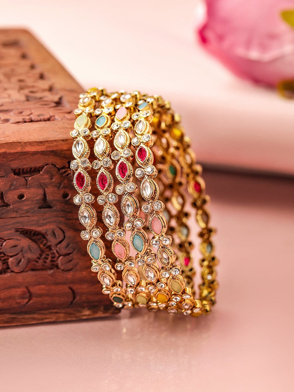 Rubans Set of 4 18K Mehandi Gold-Plated Multicolor Kundan & Gemstone Studded Bangles Bangles