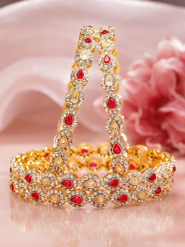 Rubans Set of 4 18K Mehandi Gold-Plated Ruby Pink & White Kundan Studded Designer Bangles Bangles & Bracelets
