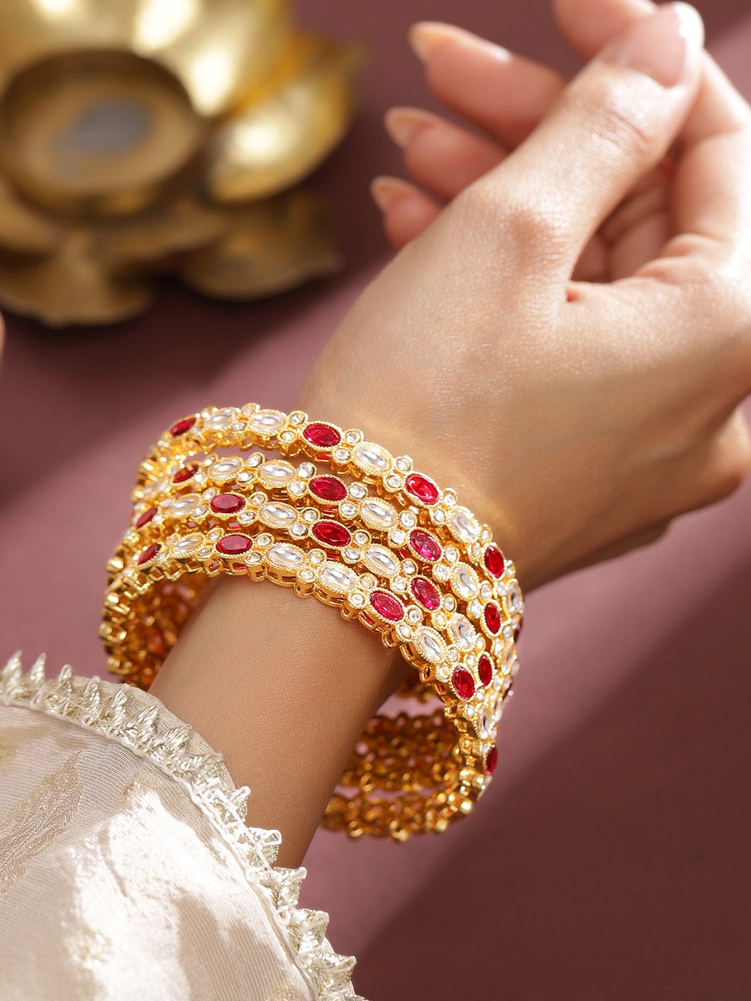 Rubans Set of 4 18K Mehandi  Gold-Plated Ruby Pink & White Kundan Studded Zirconia Bangles Bangles & Bracelets