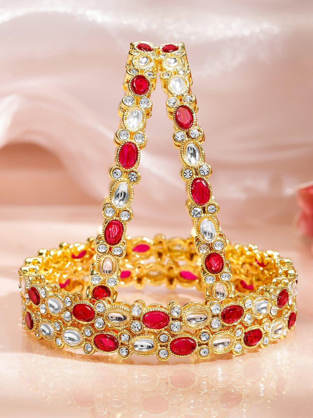 Rubans Set of 4 18K Mehandi  Gold-Plated Ruby Pink & White Kundan Studded Zirconia Bangles Bangles & Bracelets