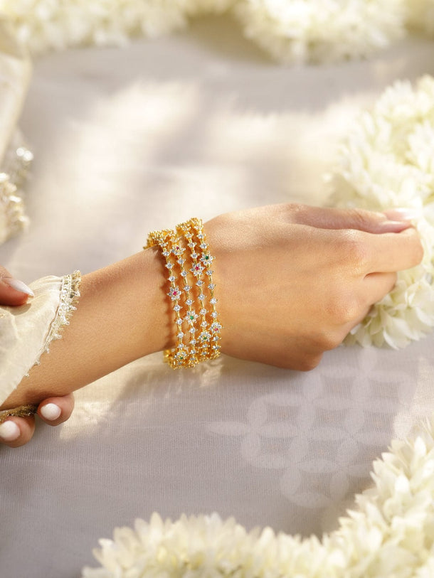 Rubans Set Of 4 22 K Gold Plated Ruby, Emerald & CZ-Studded Bangles Bangles & Bracelets