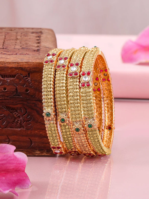 Rubans Set of 4 22K Gold-Plated Bangles with Ruby & Emerald Accents and Kundan Detailing Bangles & Bracelets