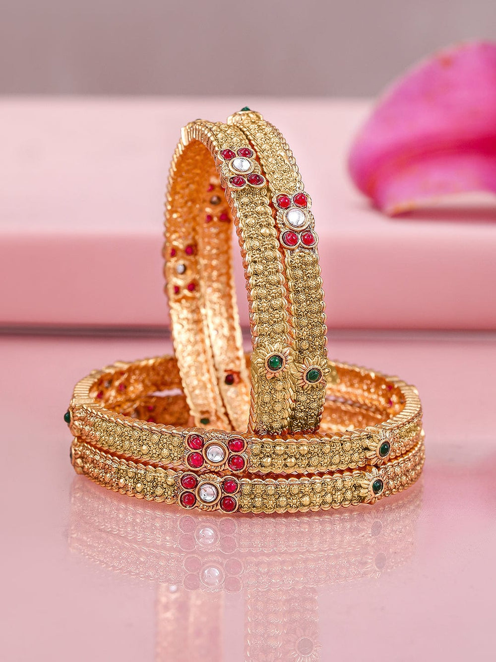 Rubans Set of 4 22K Gold-Plated Bangles with Ruby & Emerald Accents and Kundan Detailing Bangles & Bracelets