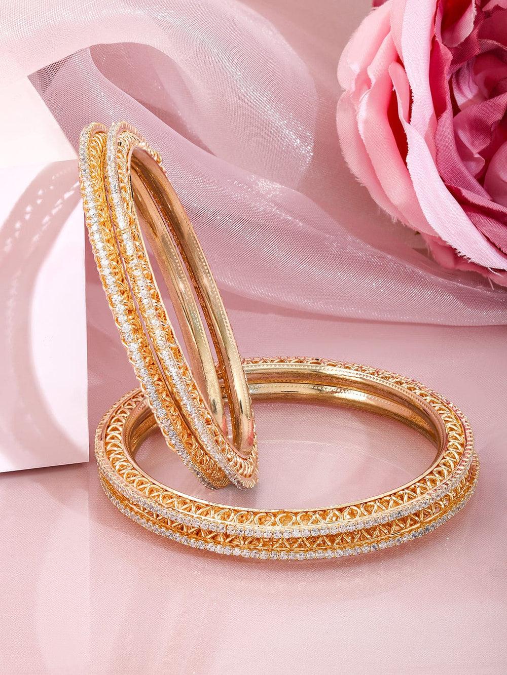 Rubans Set of 4 22K Gold-Plated Cubic Zirconia Studded Bangles Bangle