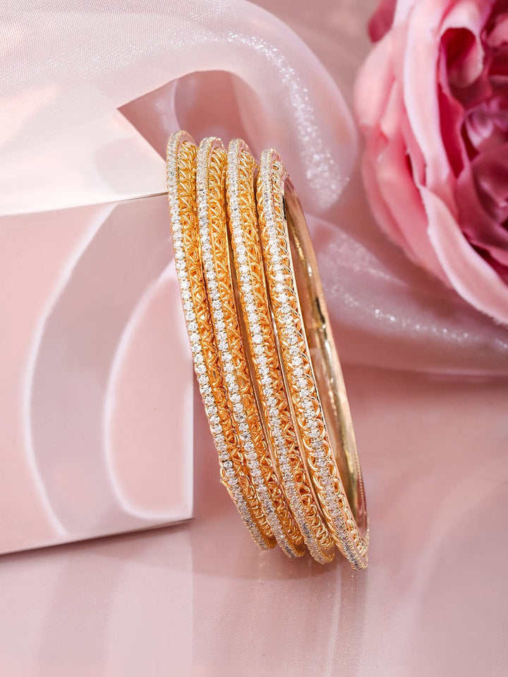 Rubans Set of 4 22K Gold-Plated Cubic Zirconia Studded Bangles Bangle