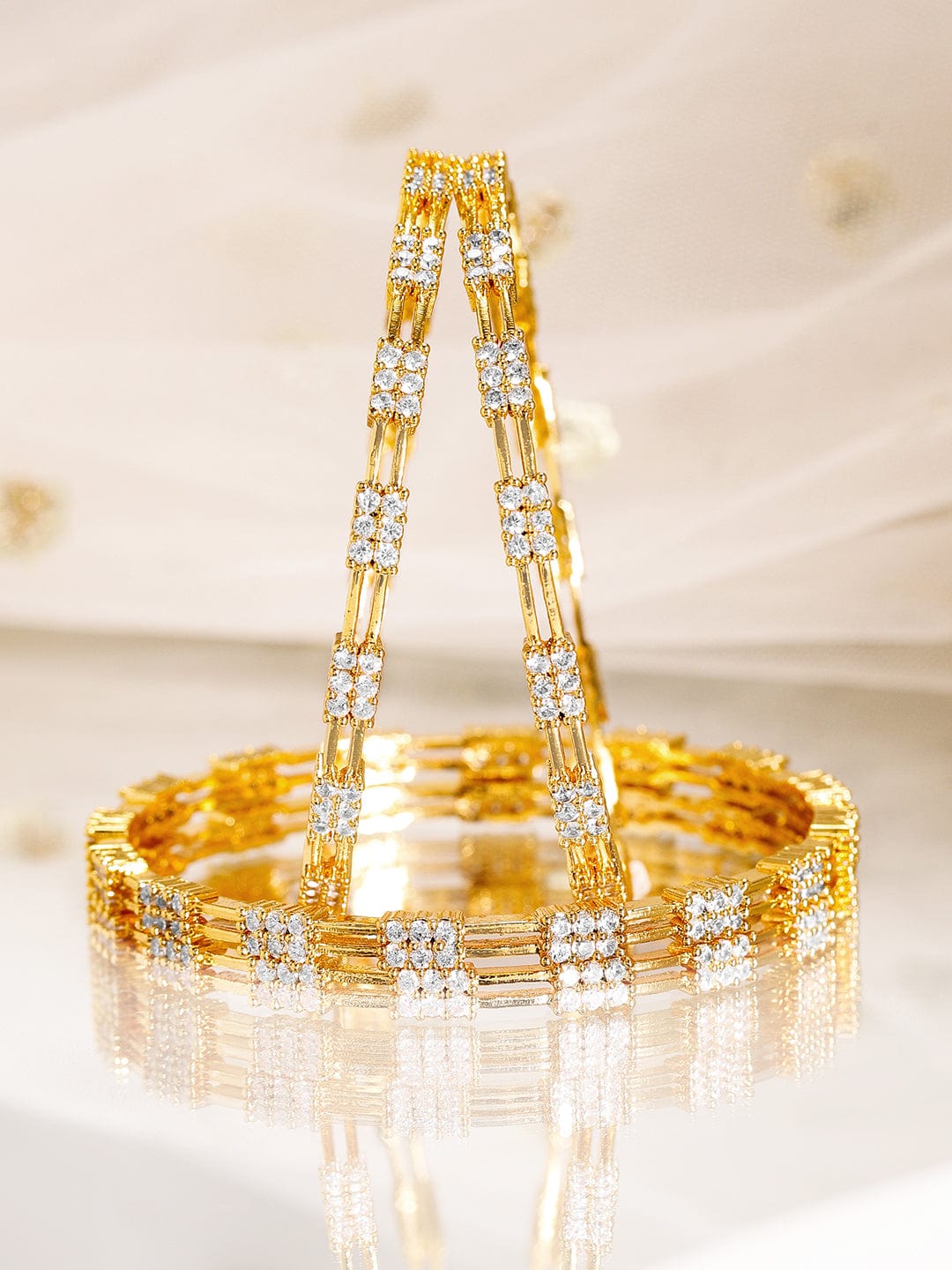 Rubans Set of 4, 22K Gold-Plated & Cubic Zirconia Studded Handcrafted Bangles Bangles