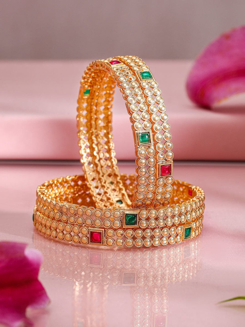 Rubans Set of 4 22K Gold-Plated Kundan Studded Bangles with Ruby & Emerald Accents Bangles & Bracelets