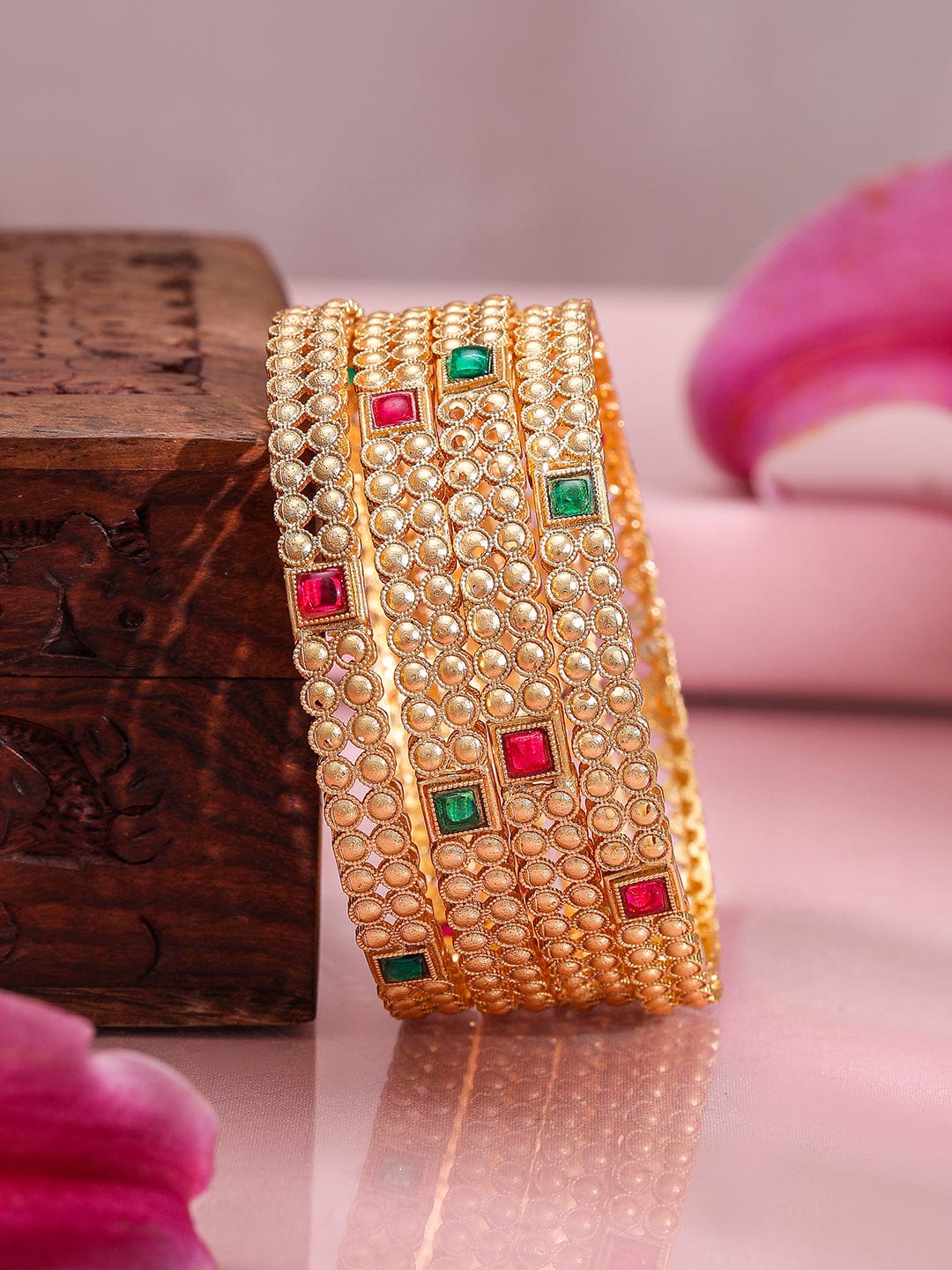 Rubans Set of 4 22K Gold-Plated Kundan Studded Bangles with Ruby & Emerald Accents Bangles & Bracelets