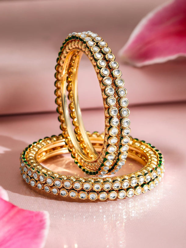Rubans Set of 4, 22K Gold-Plated Kundan Studded Handcrafted Bangles with Green Borders Bangles & Bracelets