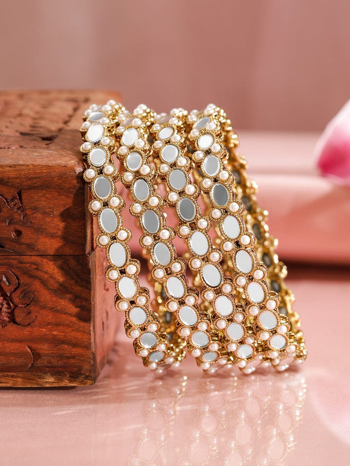 Rubans Set of 4 22K Gold-Plated Mirror-Studded Bangles with Pearl Beads Bangles & Bracelets