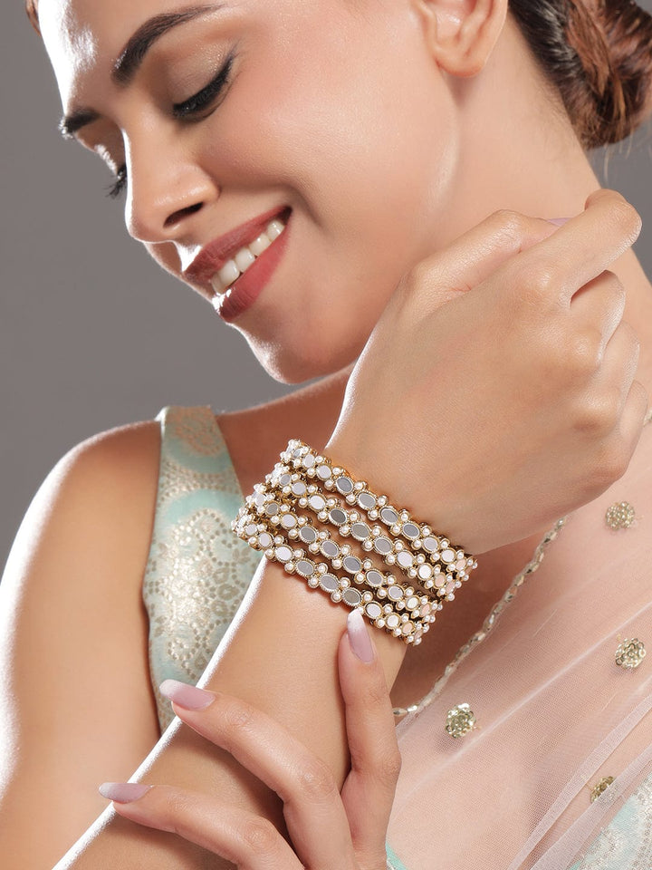 Rubans Set of 4 22K Gold-Plated Mirror-Studded Bangles with Pearl Beads Bangles & Bracelets