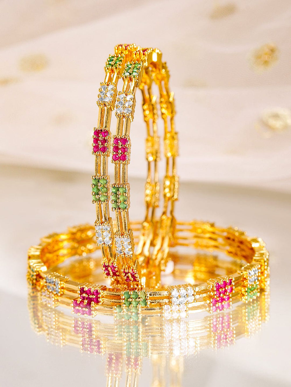 Rubans Set of 4, 22K Gold-Plated Multicolor Stone & Cubic Zirconia Handcrafted Bangles Bangles