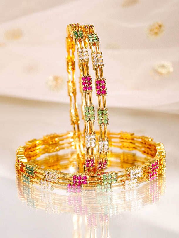 Rubans Set of 4, 22K Gold-Plated Multicolor Stone & Cubic Zirconia Handcrafted Bangles Bangles