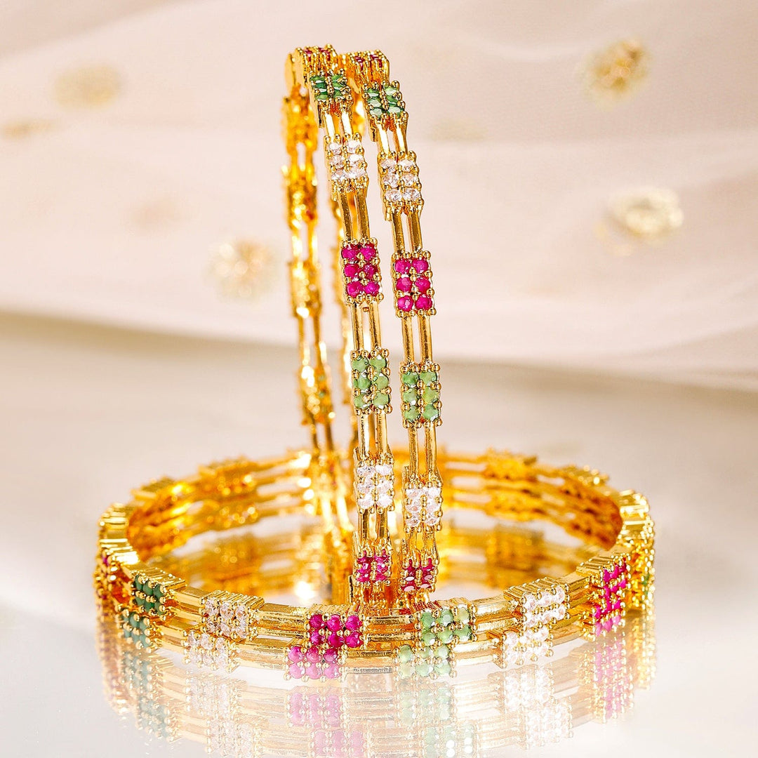 Rubans Set of 4, 22K Gold-Plated Multicolor Stone & Cubic Zirconia Handcrafted Bangles Bangles