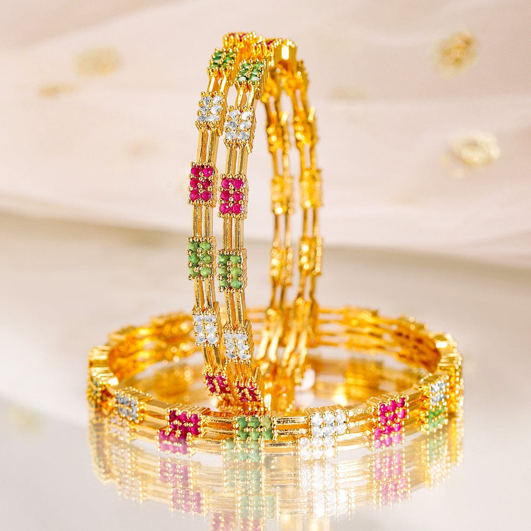 Rubans Set of 4, 22K Gold-Plated Multicolor Stone & Cubic Zirconia Handcrafted Bangles Bangles