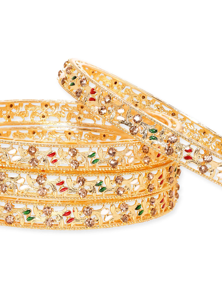 Rubans Set of 4, 22K Gold plated multicolour zirconia filigree detailed bangles  " Bangles & Bracelets