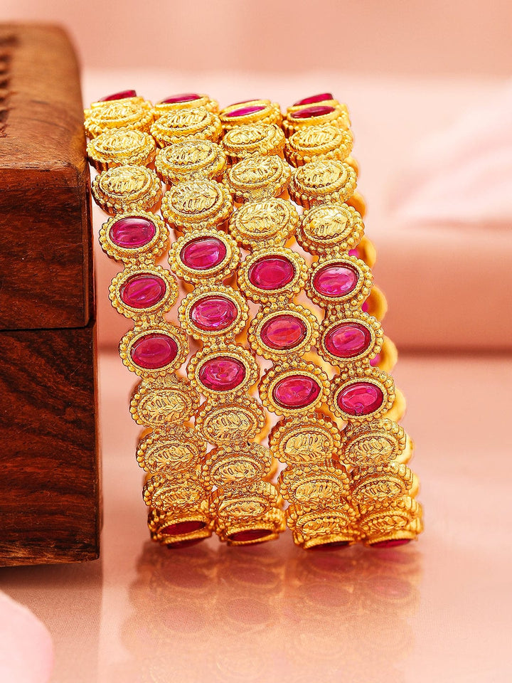 Rubans Set of 4, 22K Gold-Plated Ruby Pink Stone & Filigree Design Traditional Bangles Bangles & Bracelets