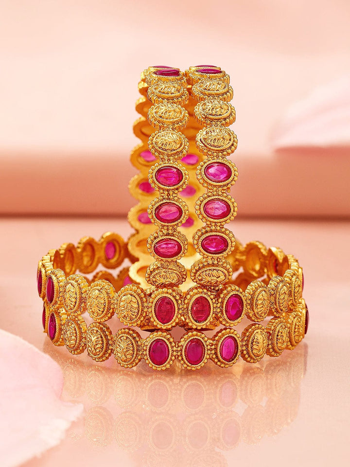 Rubans Set of 4, 22K Gold-Plated Ruby Pink Stone & Filigree Design Traditional Bangles Bangles & Bracelets