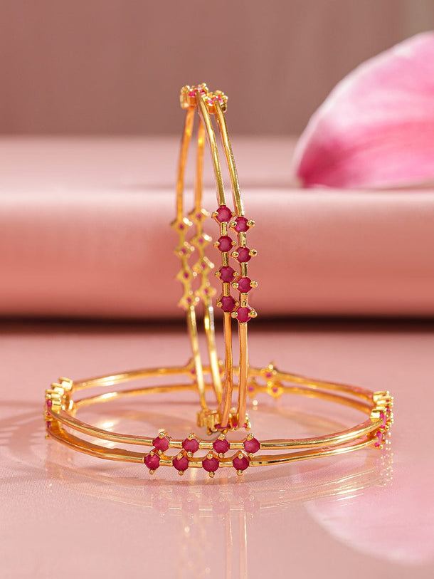 Rubans Set of 4 22K Gold-Plated Ruby Pink Stone Handcrafted Bangle Set Bangles & Bracelets