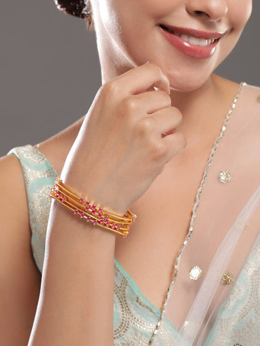 Rubans Set of 4 22K Gold-Plated Ruby Pink Stone Handcrafted Bangle Set Wristwear