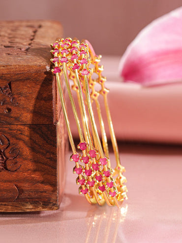 Rubans Set of 4 22K Gold-Plated Ruby Pink Stone Handcrafted Bangle Set Wristwear