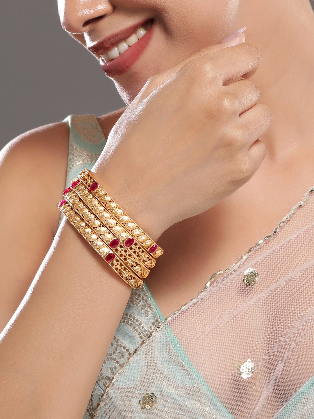 Rubans Set of 4 22K Gold-Plated Ruby Pink Stone Studded Filigree Traditional Bangles Bangles & Bracelets