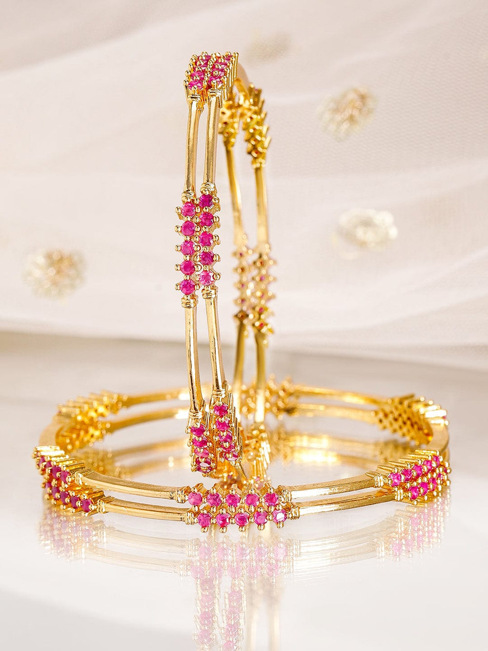 Rubans Set of 4, 22K Gold-Plated Ruby Pink Stone Studded Handcrafted Bangles Bangles