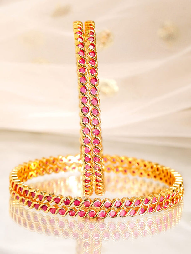 Rubans Set of 4, 22K Gold-Plated Ruby Pink Stone Studded Handcrafted Bangles Bangles