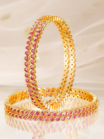 Rubans Set of 4, 22K Gold-Plated Ruby Pink Stone Studded Handcrafted Bangles Bangles