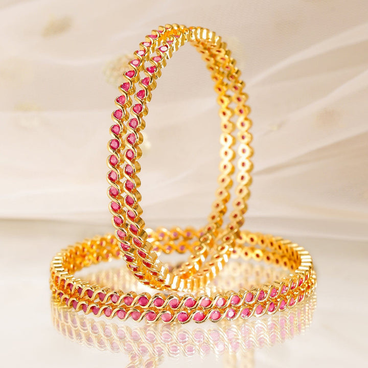 Rubans Set of 4, 22K Gold-Plated Ruby Pink Stone Studded Handcrafted Bangles Bangles