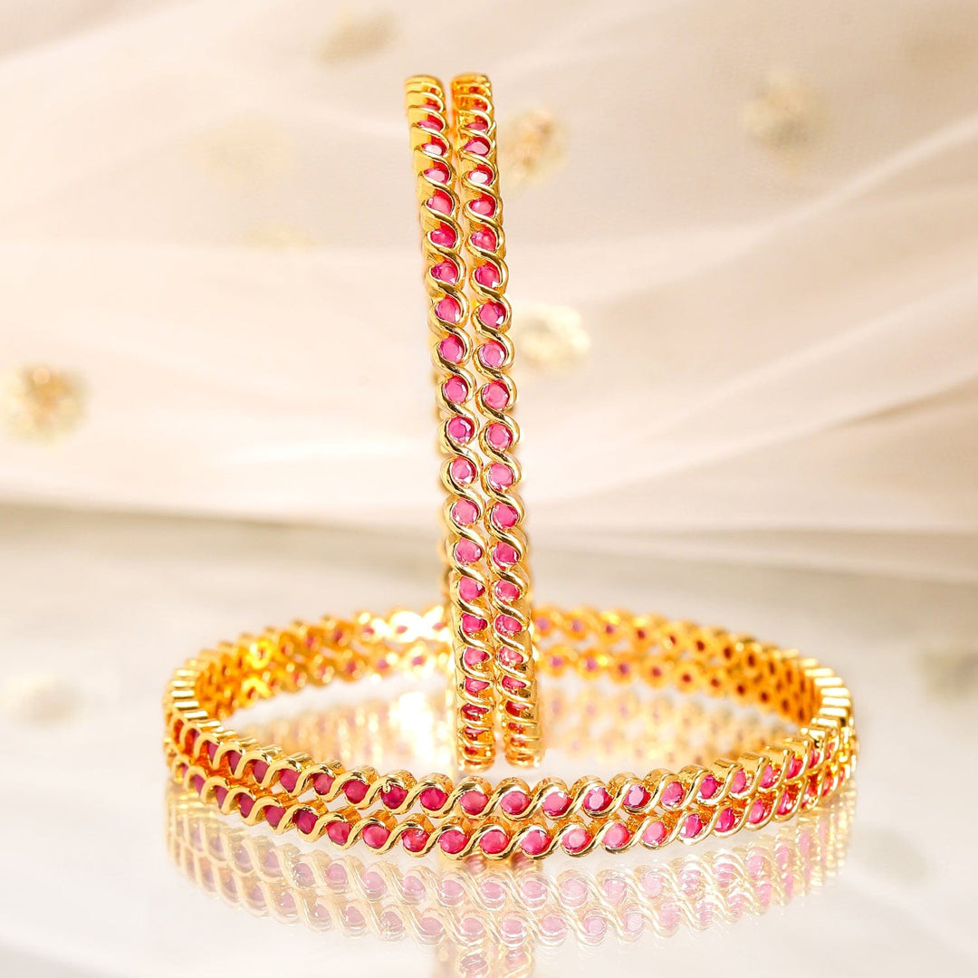 Rubans Set of 4, 22K Gold-Plated Ruby Pink Stone Studded Handcrafted Bangles Bangles