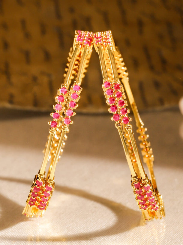 Rubans Set of 4, 22K Gold-Plated Ruby Pink Stone Studded Handcrafted Classic Bangles Bangles