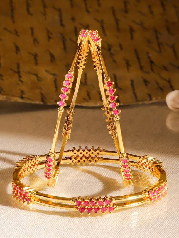 Rubans Set of 4, 22K Gold-Plated Ruby Pink Stone Studded Handcrafted Classic Bangles Bangles