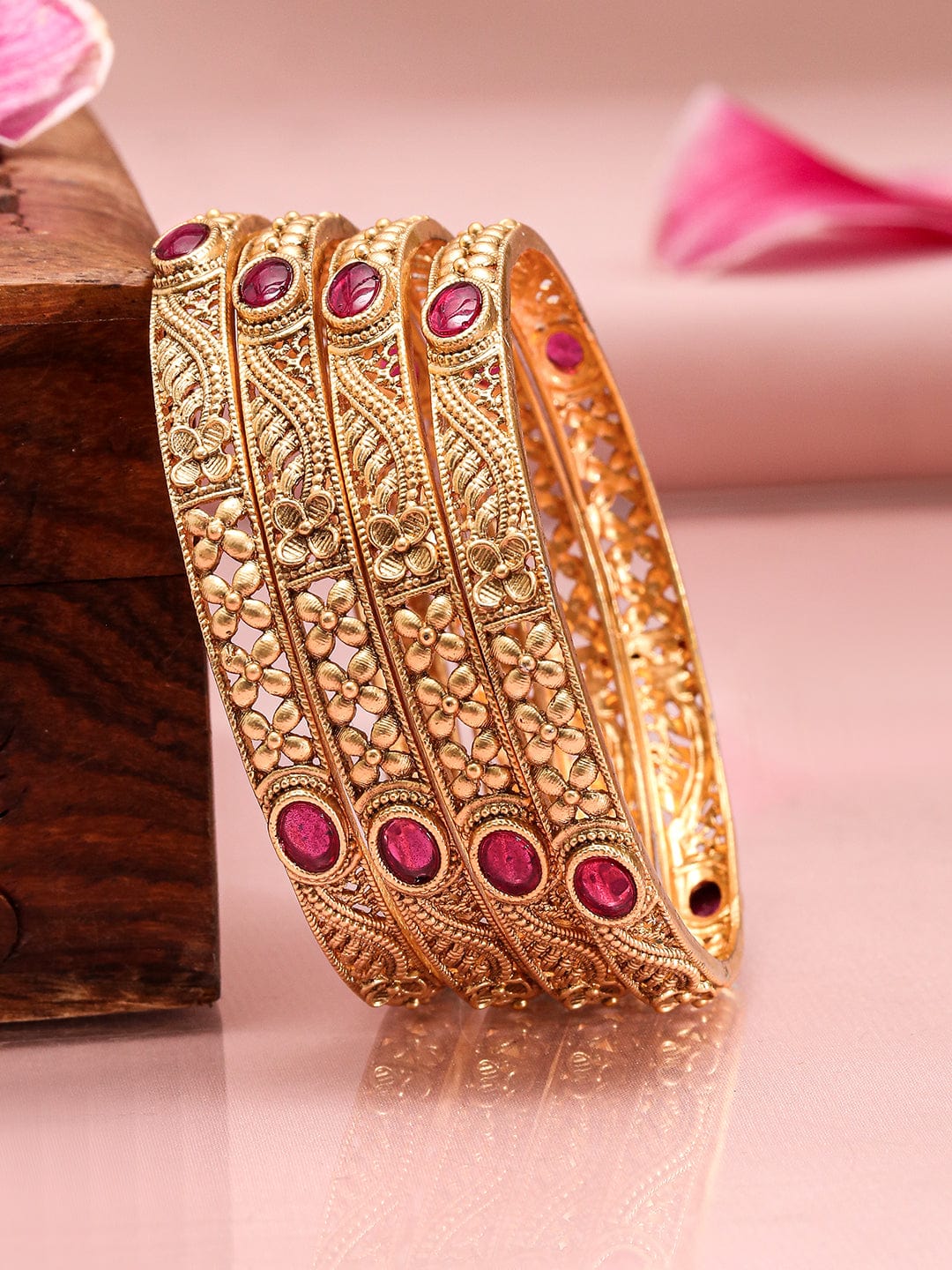 Rubans Set of 4 22K Gold-Plated Ruby Pink Stone Studded Traditional Motif Bangles Bangles & Bracelets