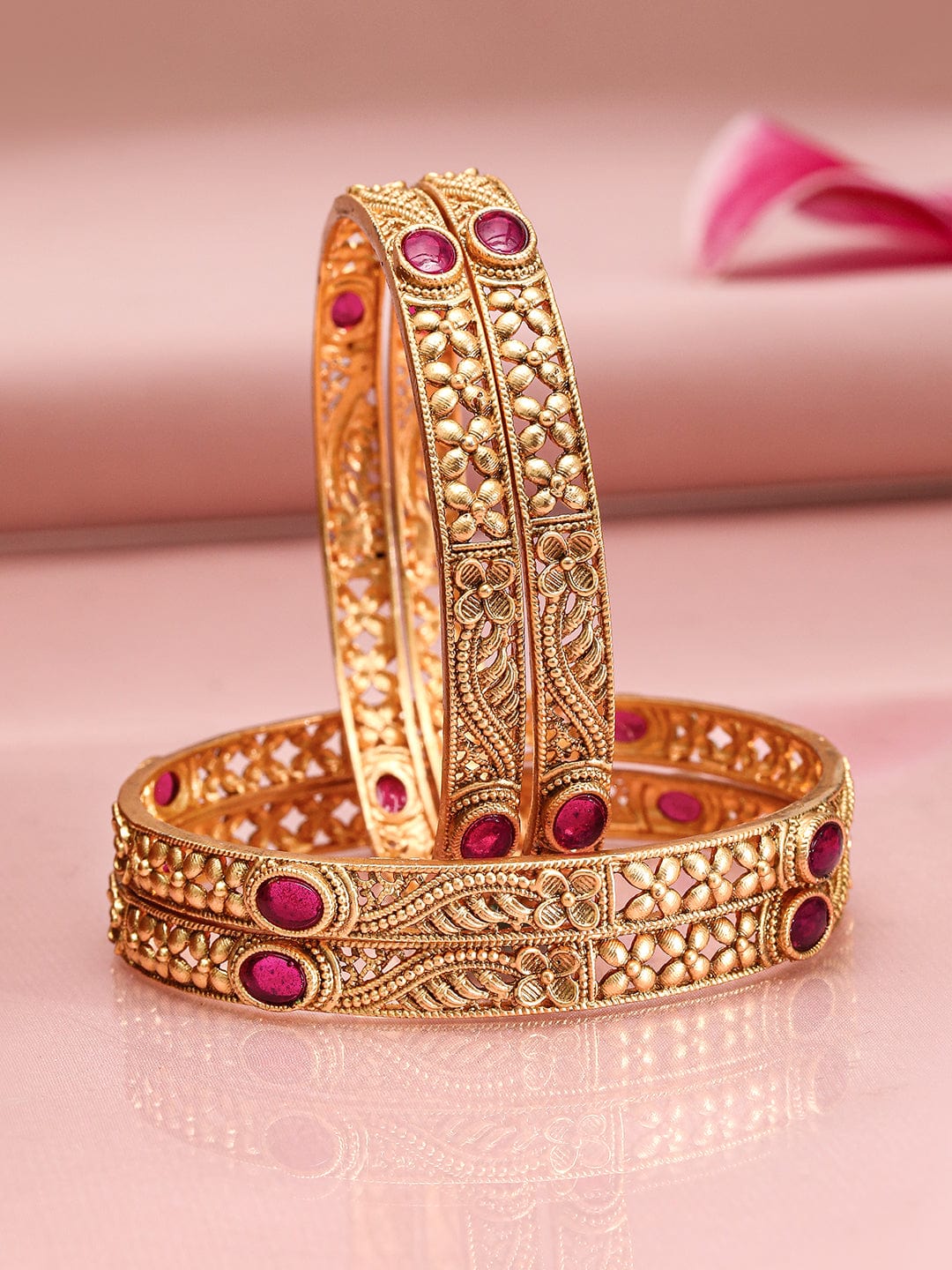 Rubans Set of 4 22K Gold-Plated Ruby Pink Stone Studded Traditional Motif Bangles Bangles & Bracelets