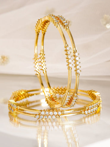 Rubans Set of 4, 22K Gold-Plated & White Cubic Zirconia Stone Studded Handcrafted Classic Bangles Bangles